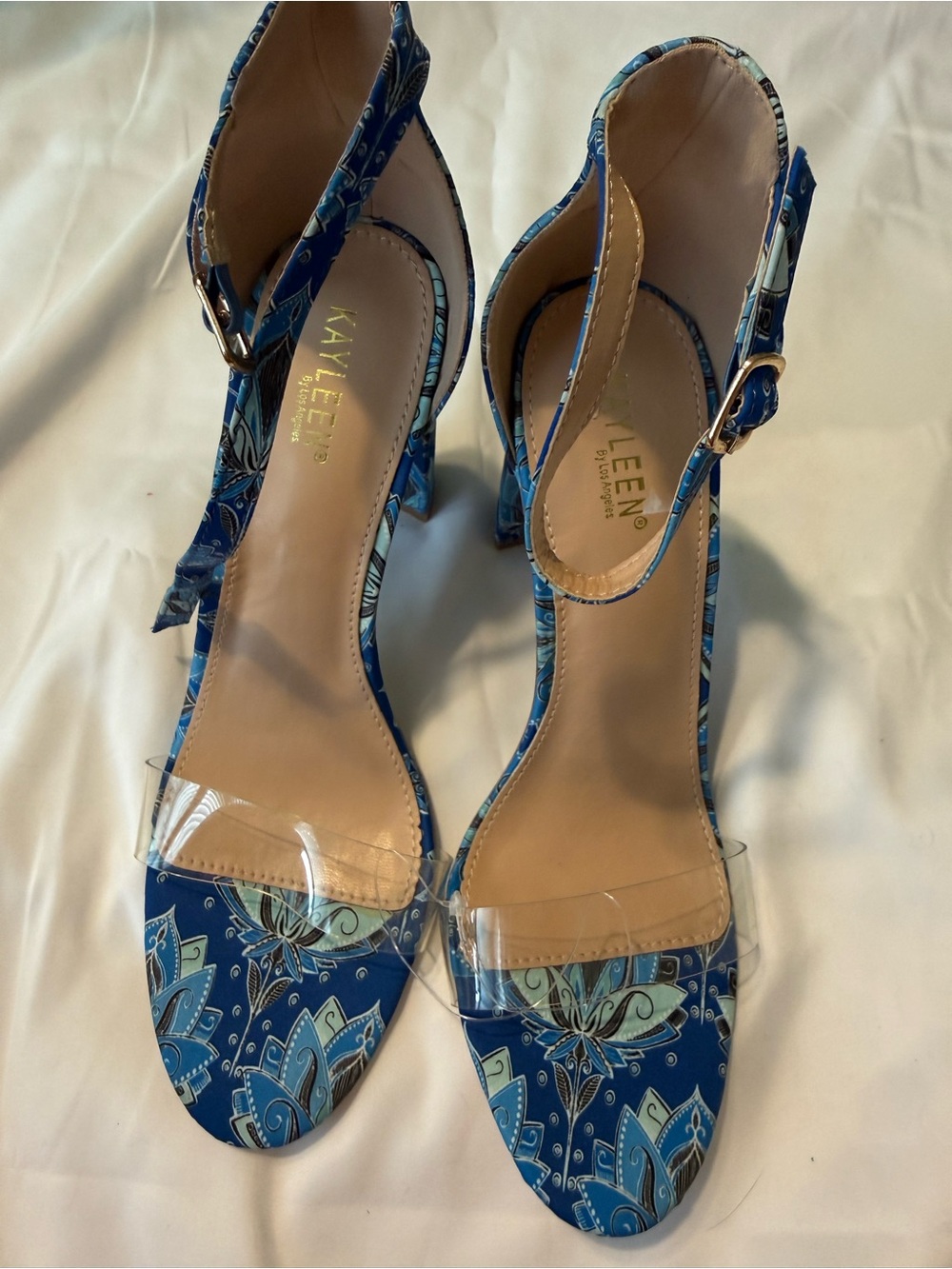 KAYLEEN By Los Angeles Blue Floral Ankle-Strap Heels